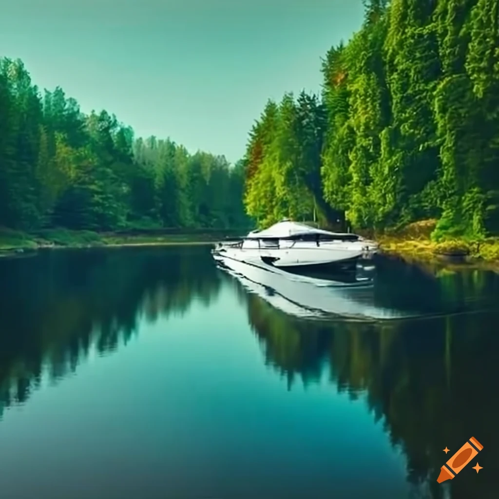 yacht cruising on a river with tree-lined banks