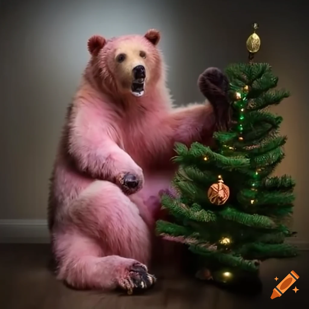 Pink grizzly bear near a christmas tree
