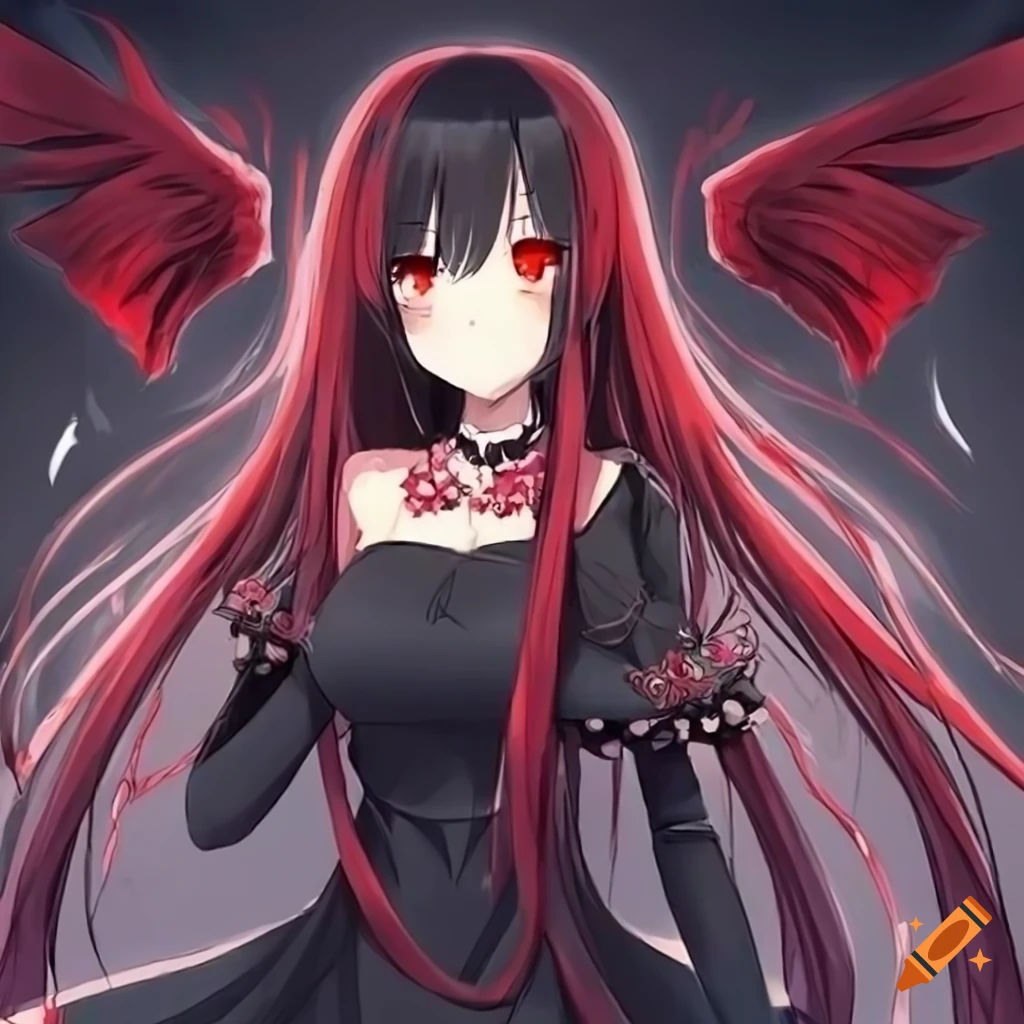 Illustration of an anime girl with black hair and red eyes
