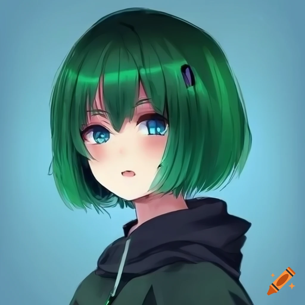 Illustration of an anime girl with green hair and blue eyes