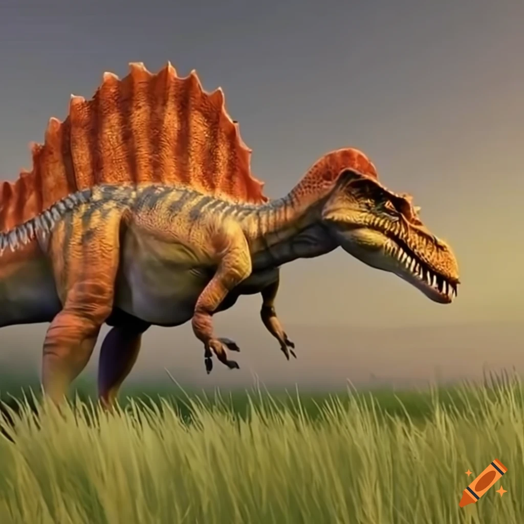 gigantic orange spinosaurus hidden in tall wild grass
