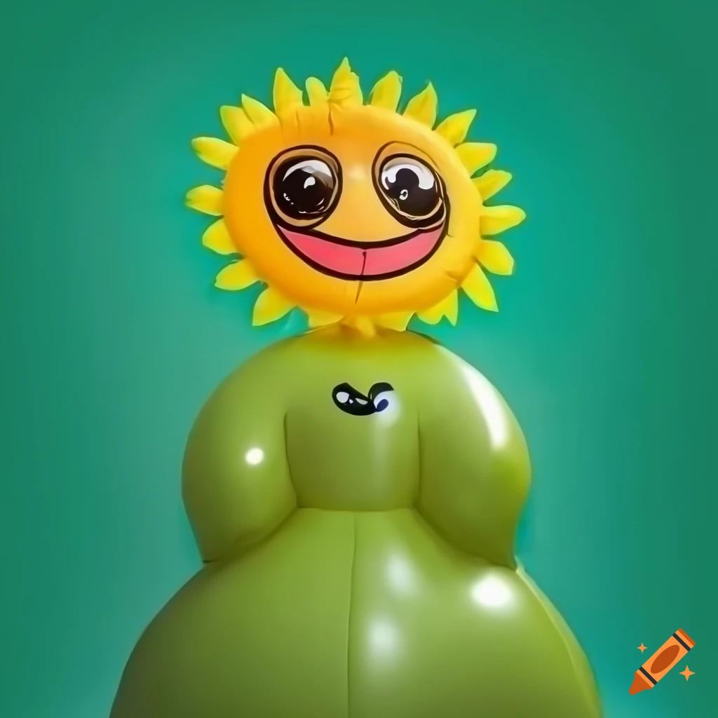 cartoony inflatable sunflower sitting on a green hill