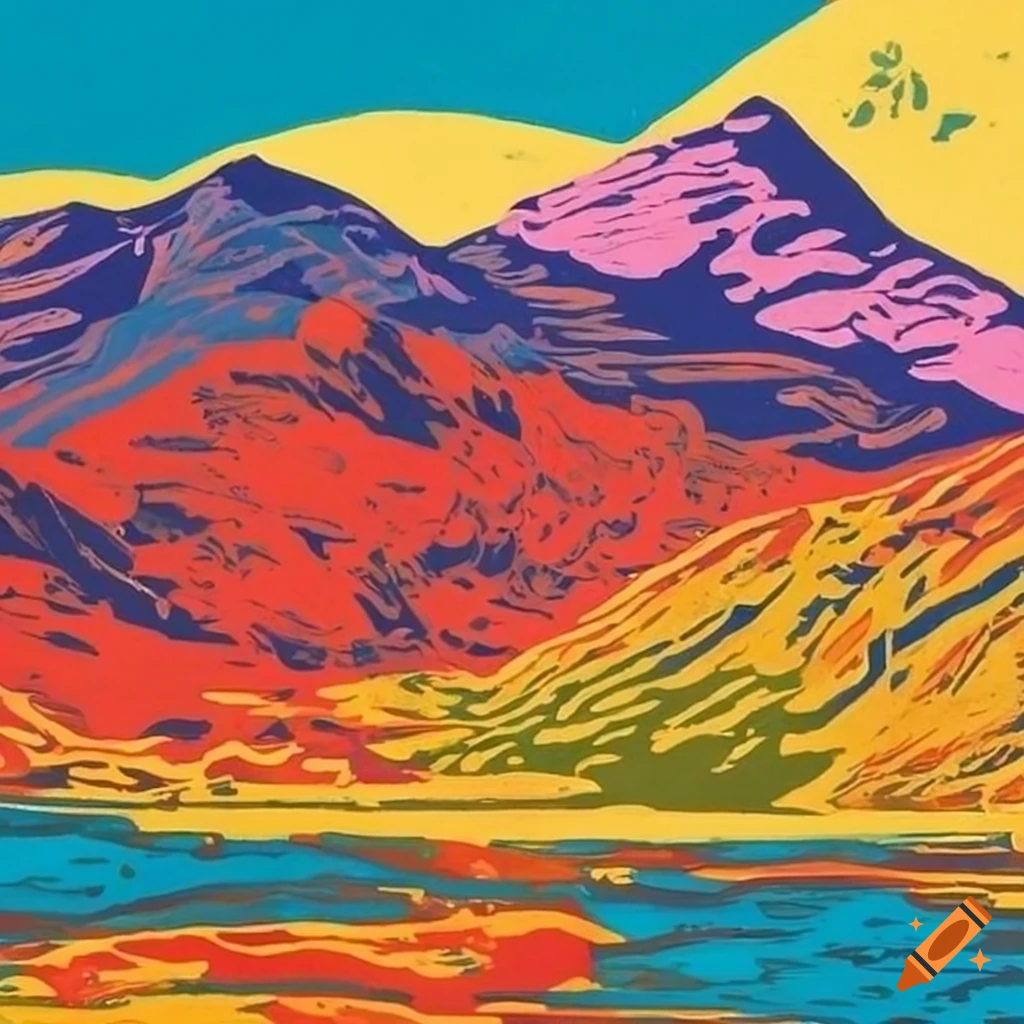 colorful linocut artwork of Snowdonia