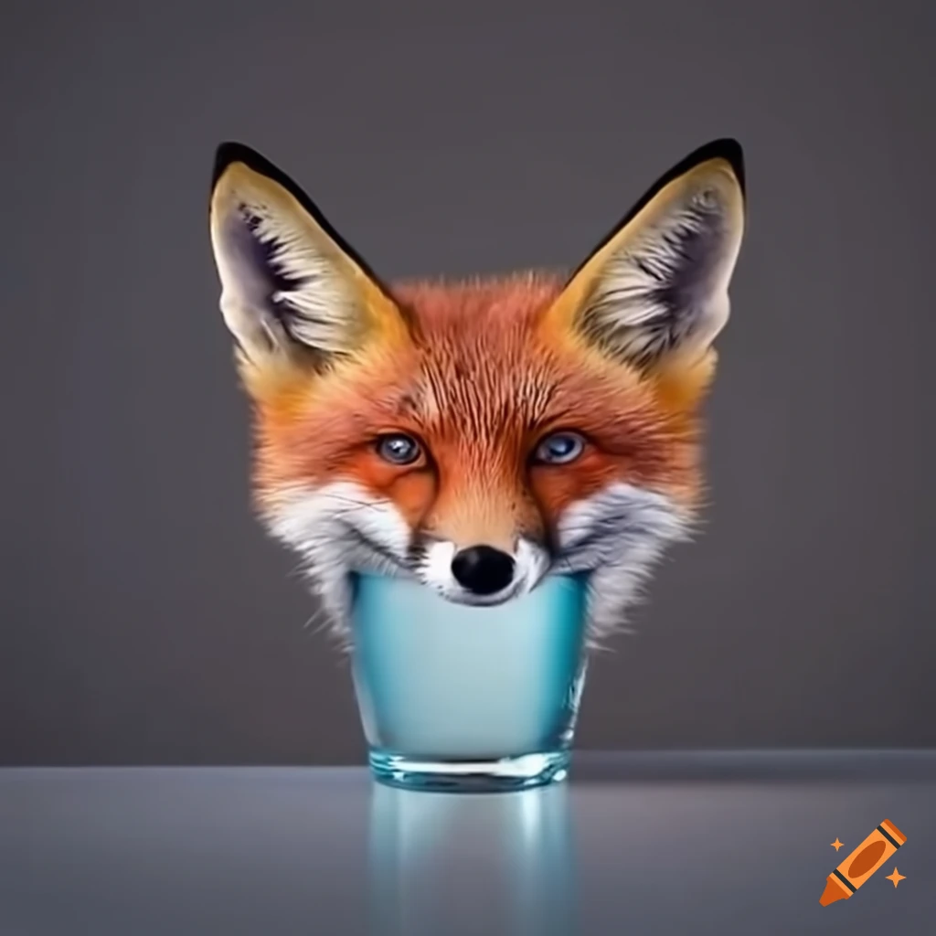 cute fox drinking from a large glass
