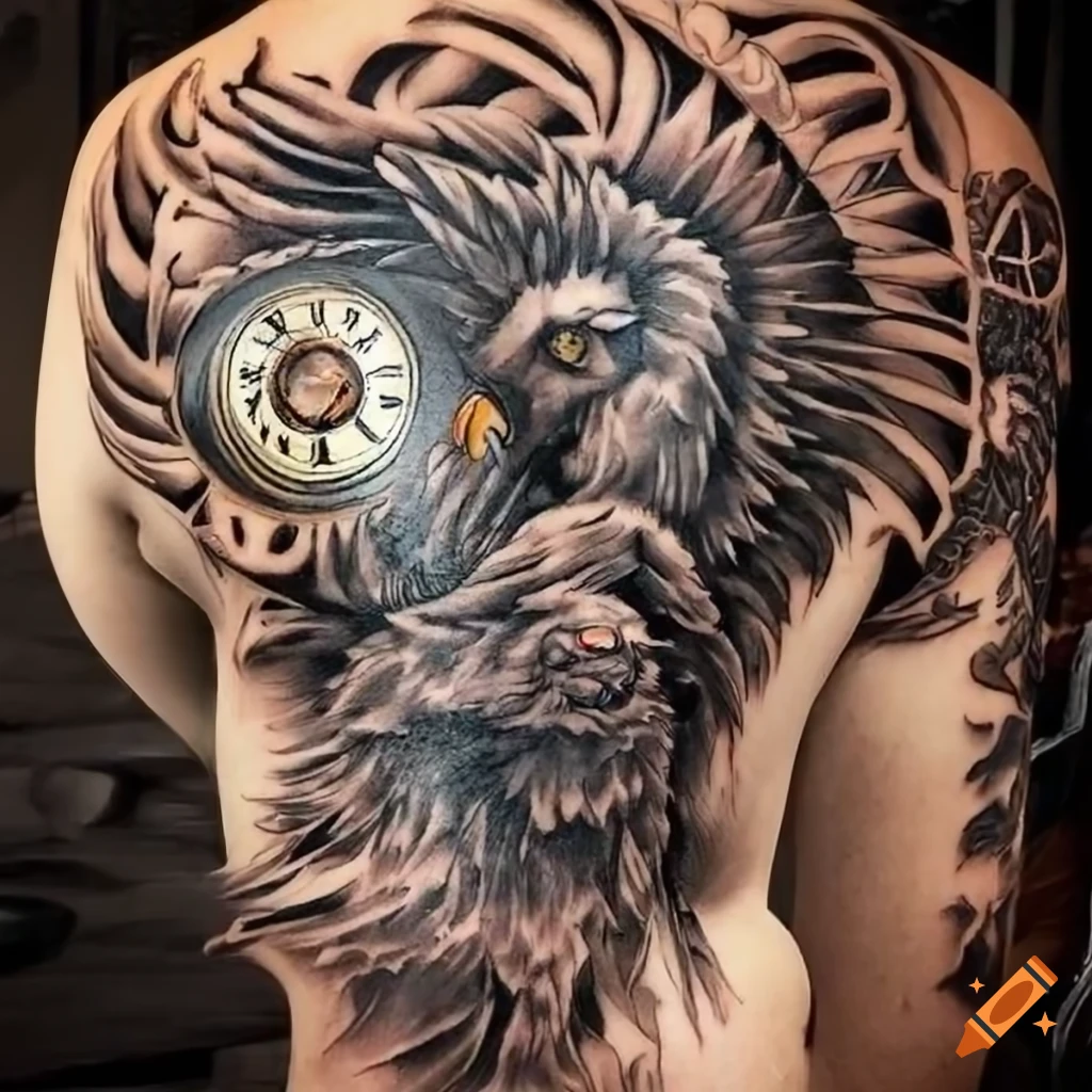 intricate wolf, roman clock, and eagle tattoo design