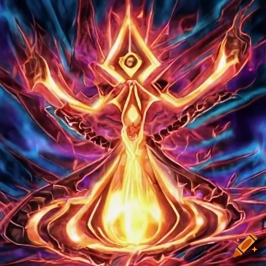 Illustration of a fire spell in a yugioh card on Craiyon
