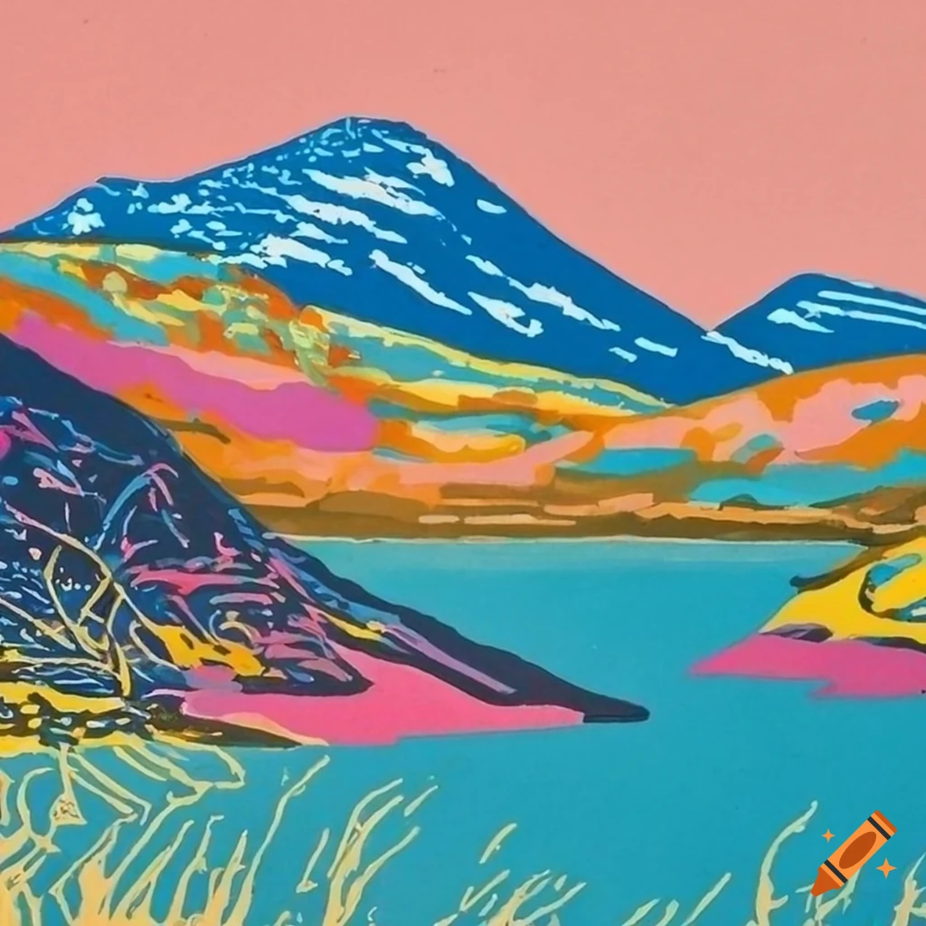 Colorful linocut artwork of snowdonia