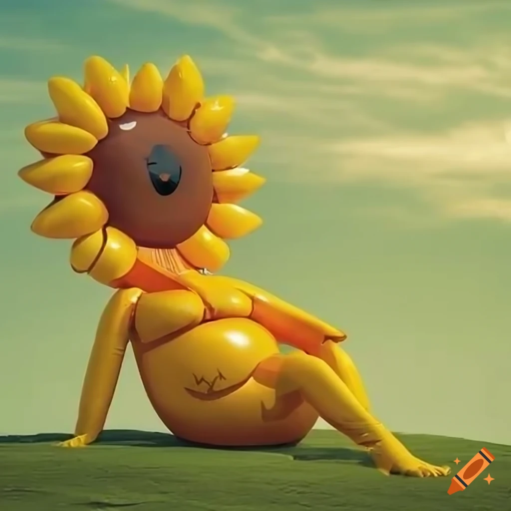 inflatable sunflower with a happy face sitting on a green hill