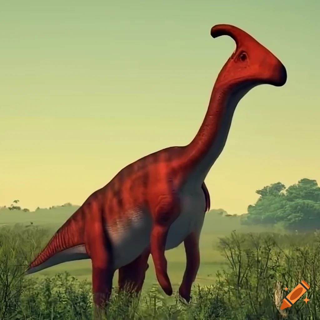 Image of a hidden red parasaurolophus in tall vegetation
