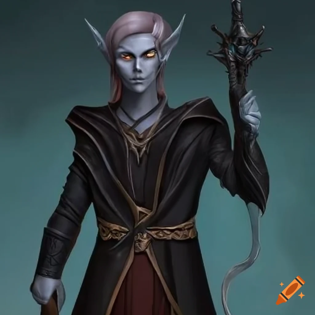 Image of a young dark elf sorcerer with a staff