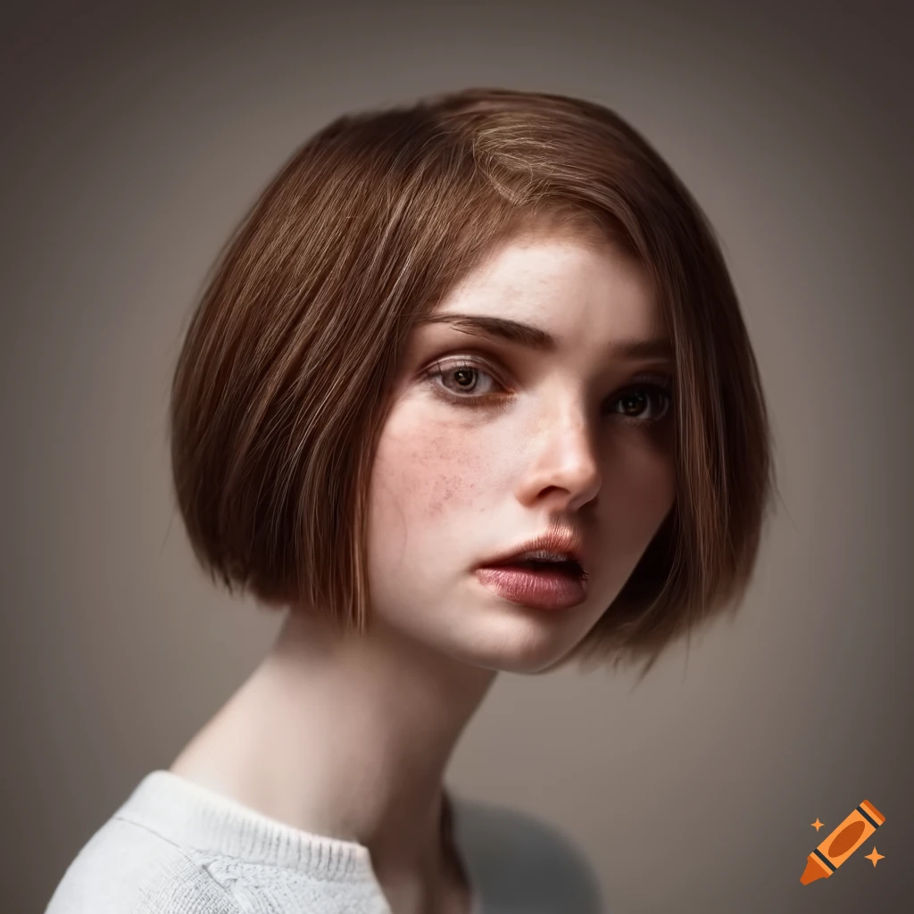 portrait of a young woman with brown bob haircut and freckles