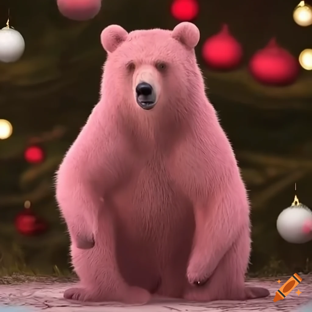 Pink grizzly bear near a christmas tree