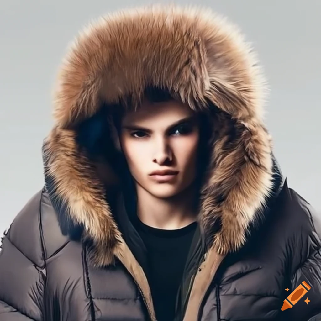 Fashionable puffer coat with fur hood for men