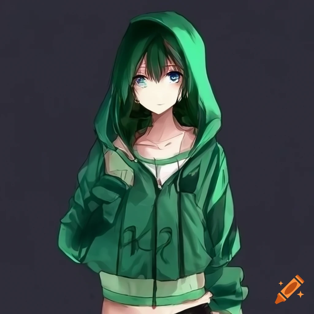 Anime girl with short dark green hair and light blue eyes