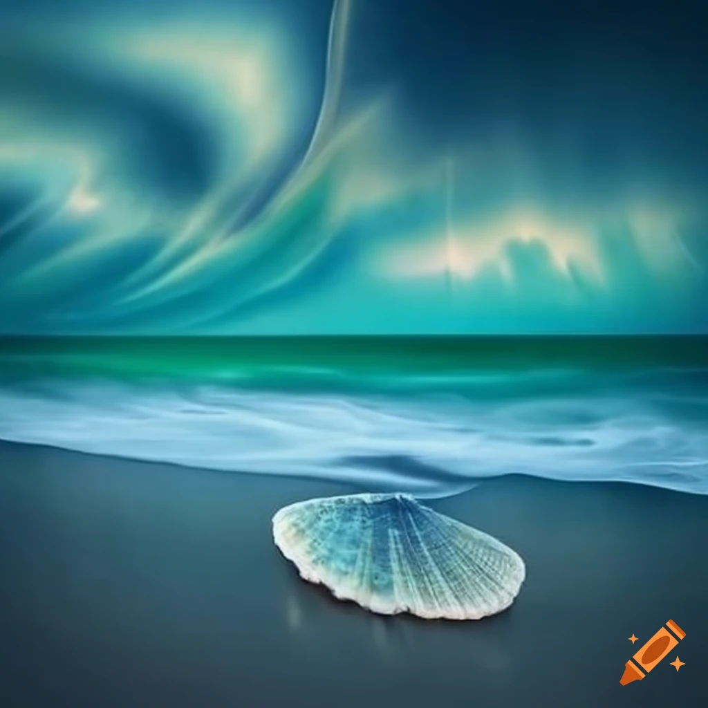surreal beach with wild seashells and fantastic clouds