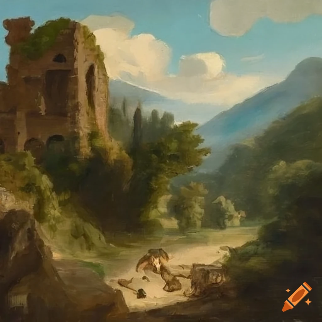 Oil painting of an italian landscape with ruins in the background on ...