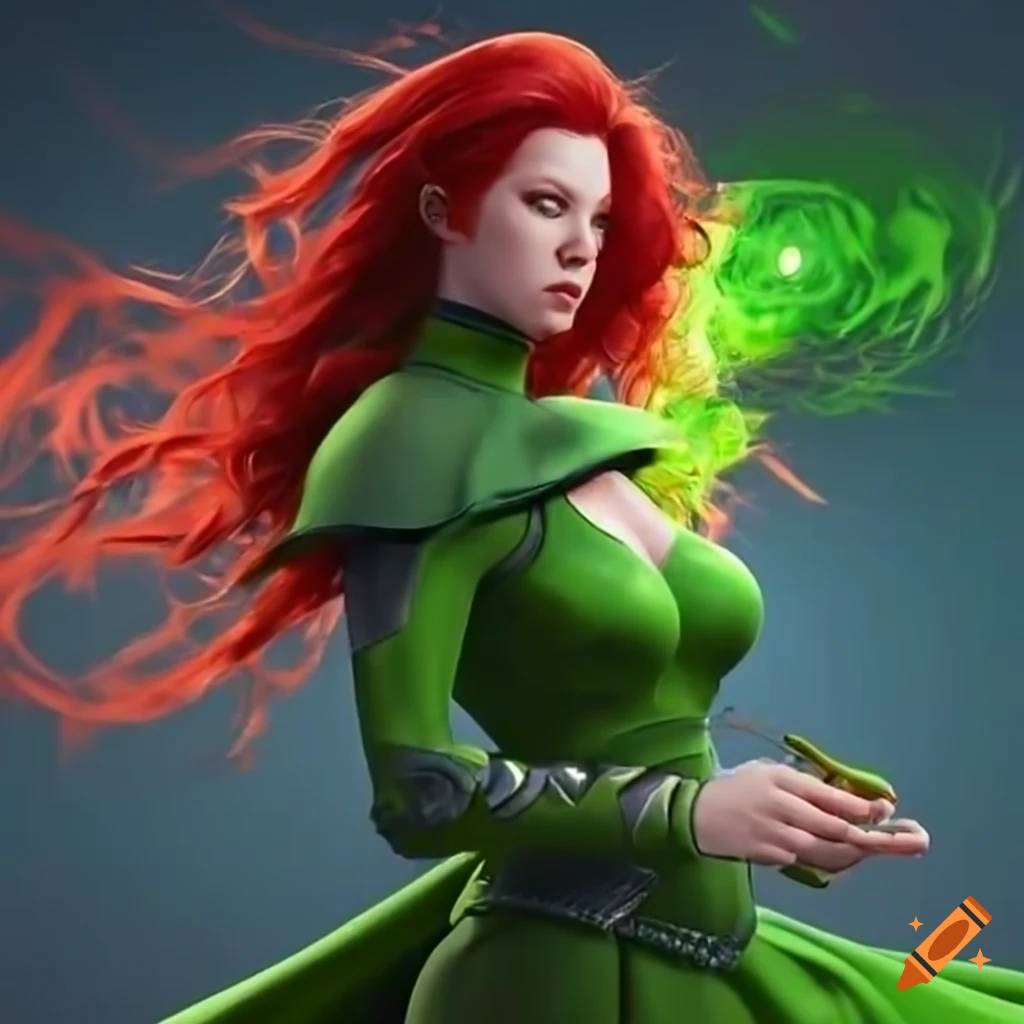 Powerful female hero with red hair and green magic