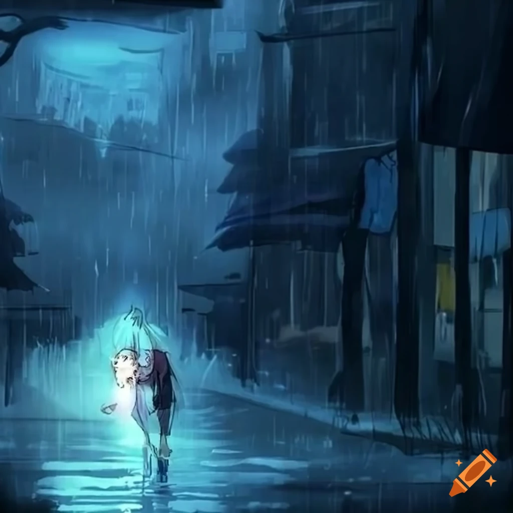 Digital art of anime character in the rain on Craiyon