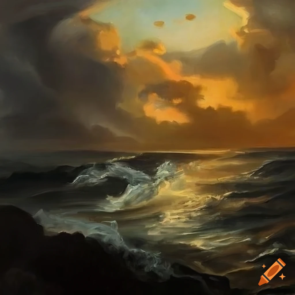 oil painting of an explorer braving a stormy coastline