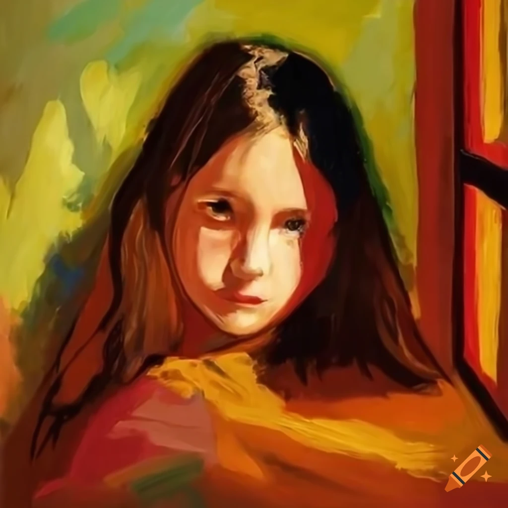 Oil painting of a teenager girl in a bedroom