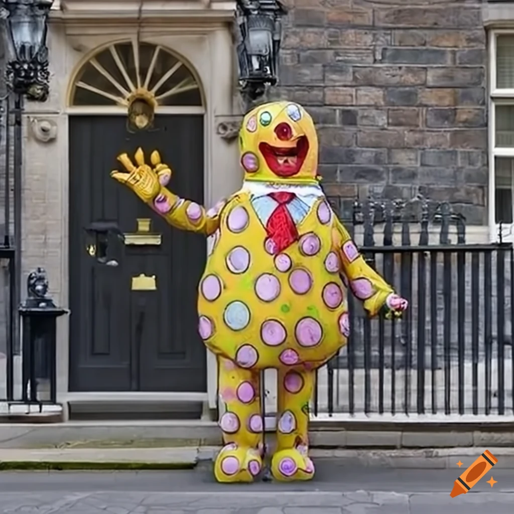 Mr blobby wearing a suit outside the door of 10 downing street