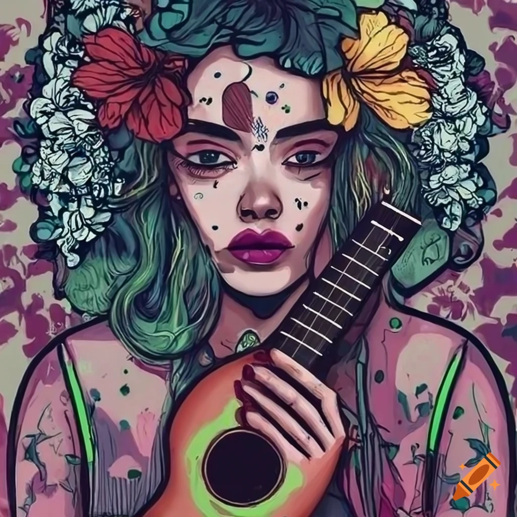 Woman with flower hair holding ukulele, dark fashion portrait on Craiyon