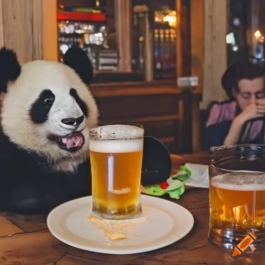 Pandas drinking beer in a pub