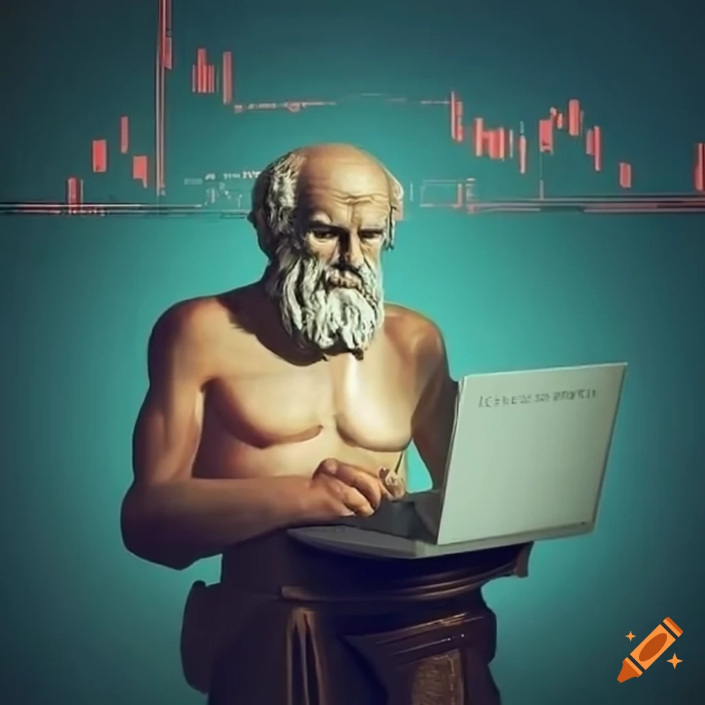 greek philosopher working on computer with stock market charts