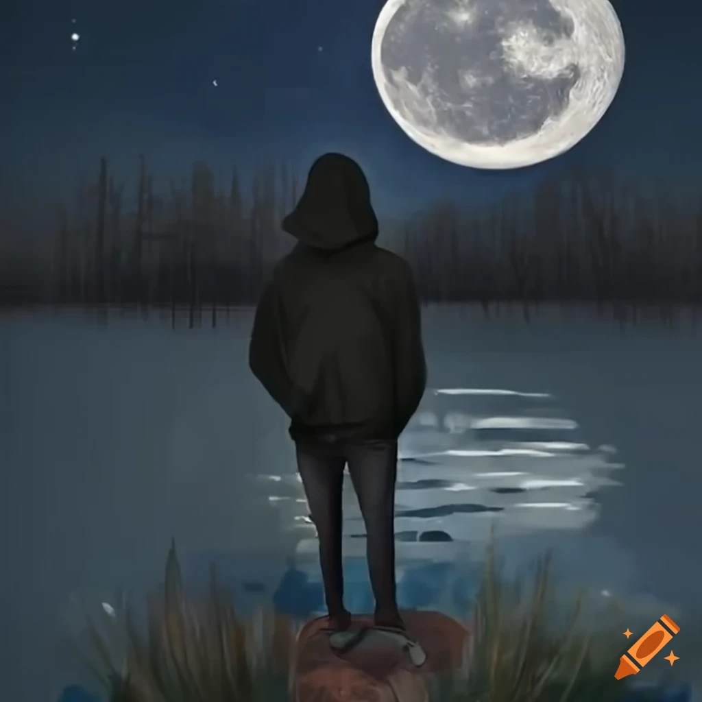 man in black hoodie standing near pond and gazing at the moon