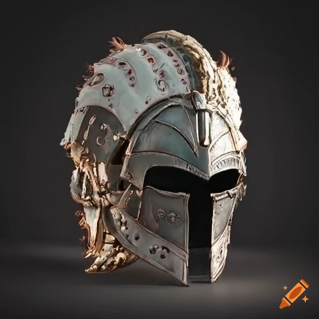 intricate symmetrical battle helmet