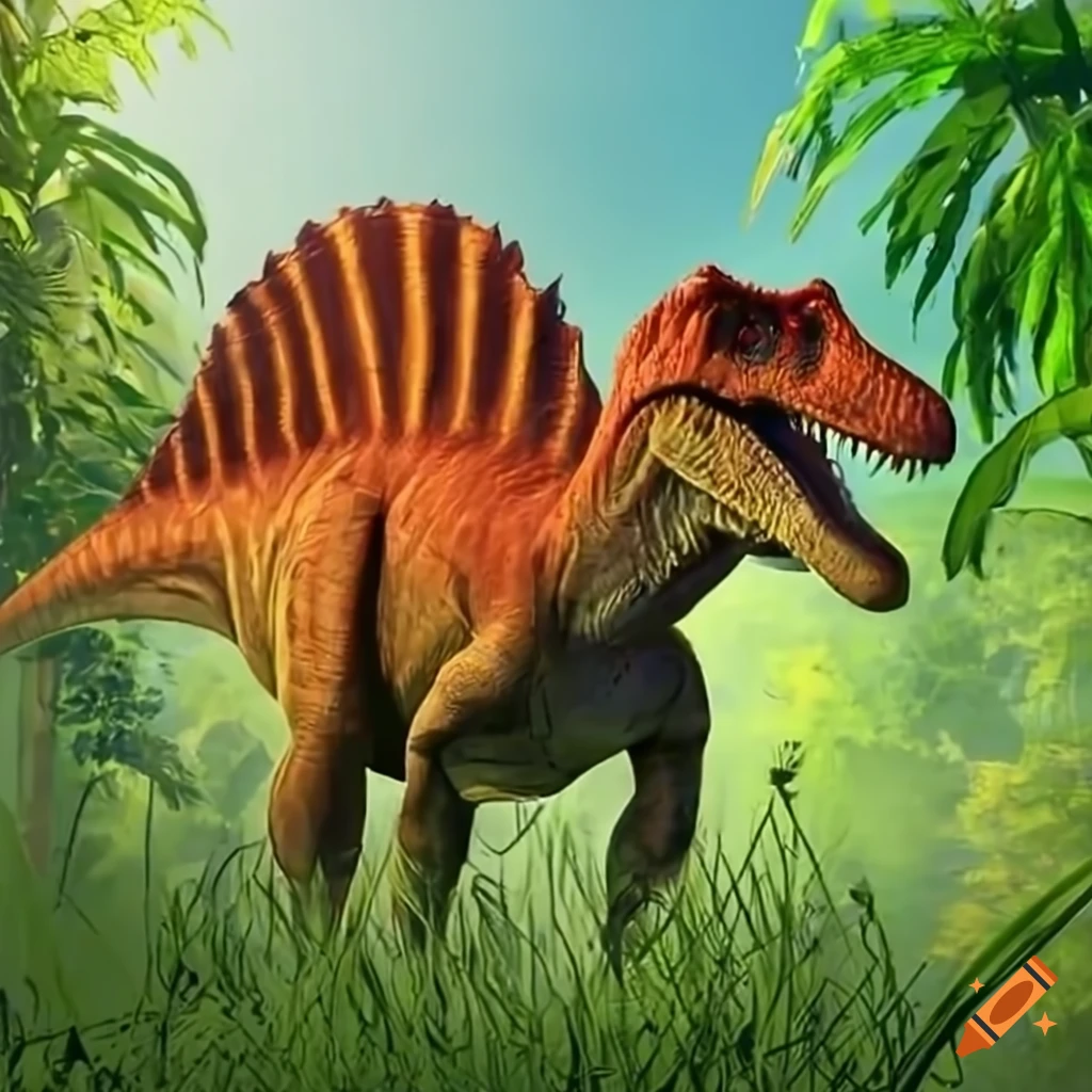 image of a hidden orange spinosaurus in tall grass