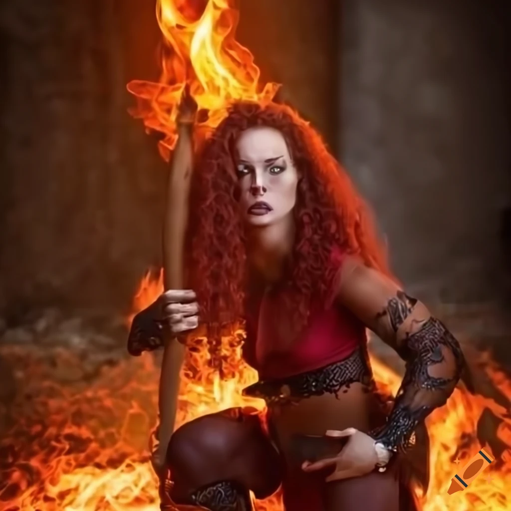 artwork of a female fire genasi barbarian with a morningstar