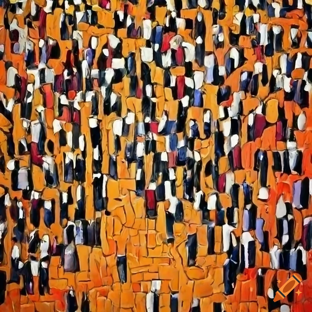 Abstract mosaic painting of people in a maze on Craiyon