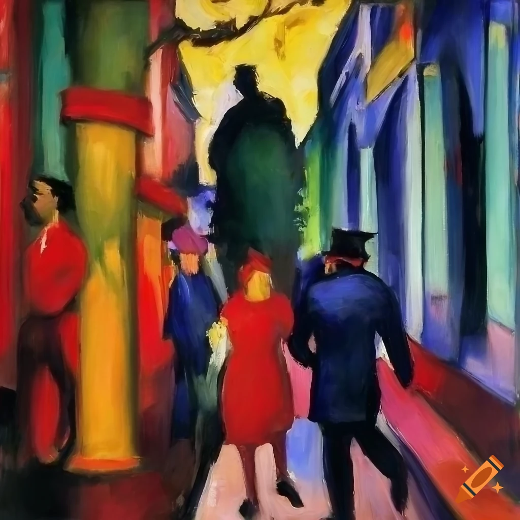 Oil painting of a couple walking together on a busy street on Craiyon