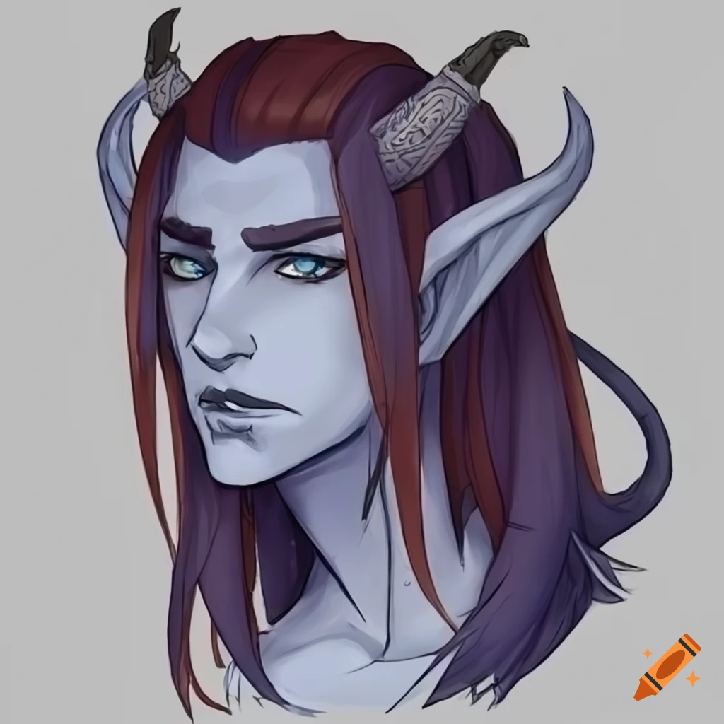 male tiefling with silver skin and big horns