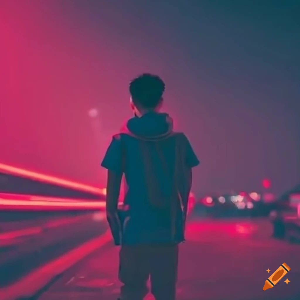 Young man standing near red neon at night on Craiyon