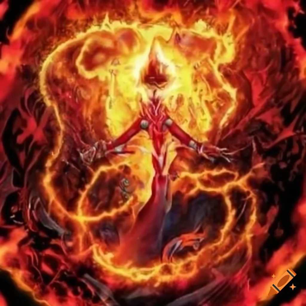 Illustration of a fire spell in a yugioh card on Craiyon