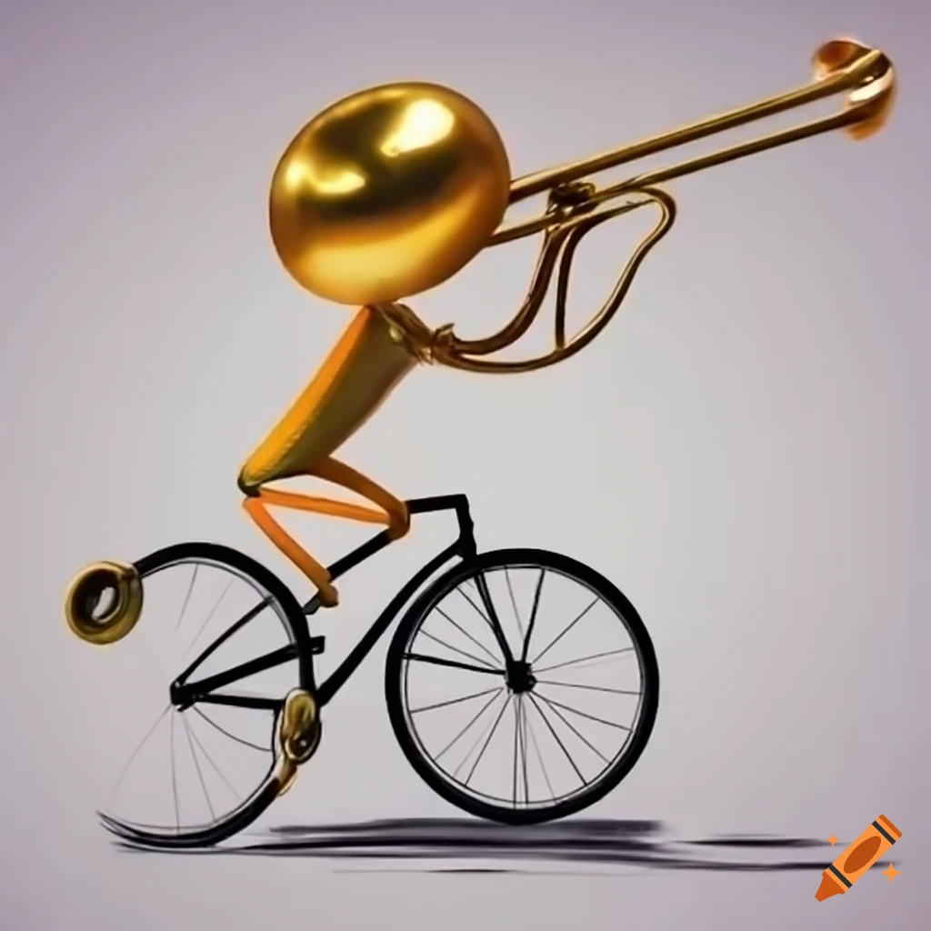 Stick figure riding a bicycle and playing a trombone
