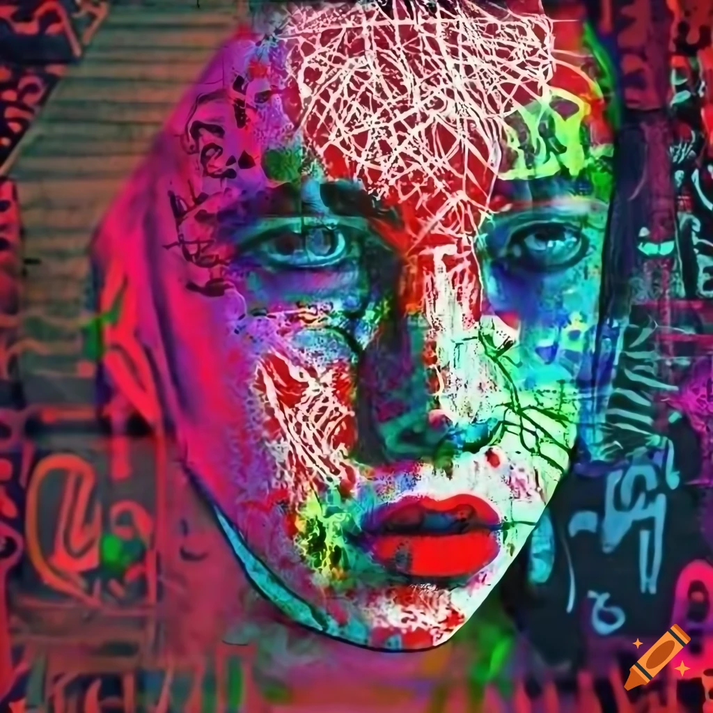 Spraypaint portrait with letters, numbers, and formulas in the background