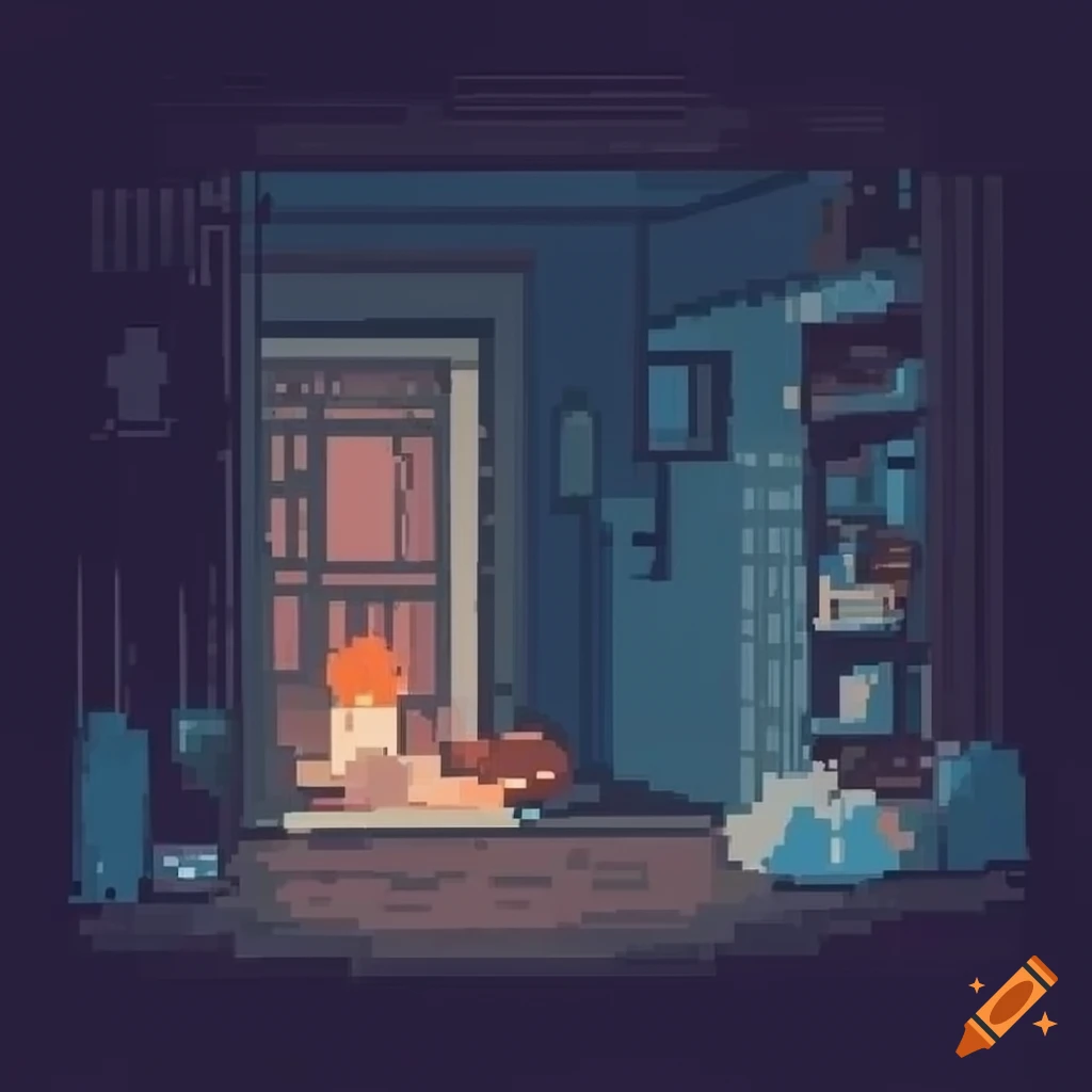 Pixel art of cozy room with cat gazing at rainy cityscape