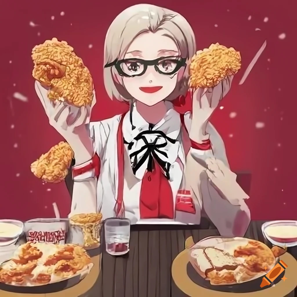 Anime girl with glasses in colonel sanders outfit holding fried chicken