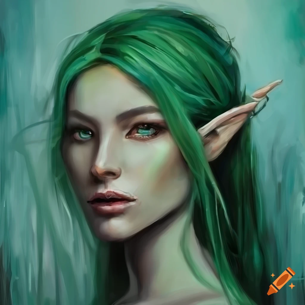 Portrait of a female elf with dark green hair