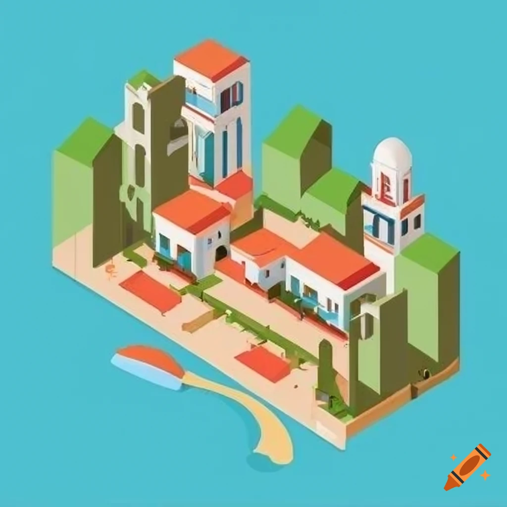 Coastal town with beach in flat painting style