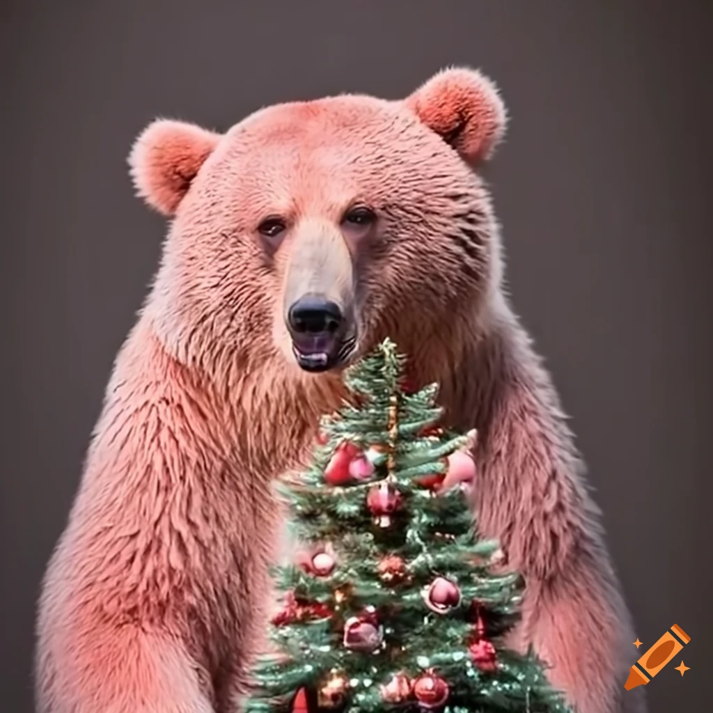 Pink grizzly bear near a christmas tree