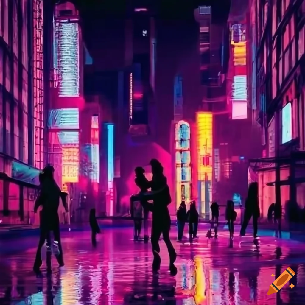 Neon cityscape with people ice skating