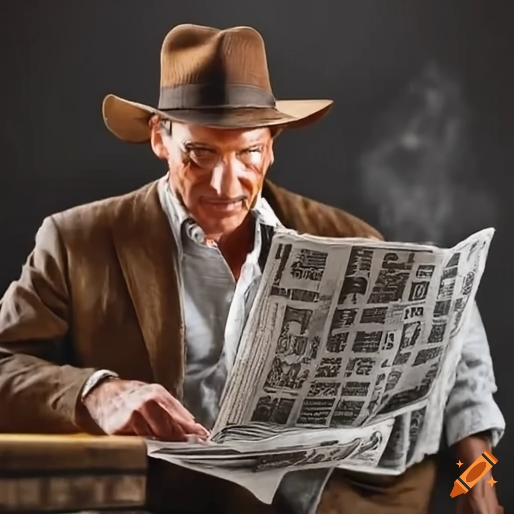 Indiana jones reading newspaper with a glass of whiskey
