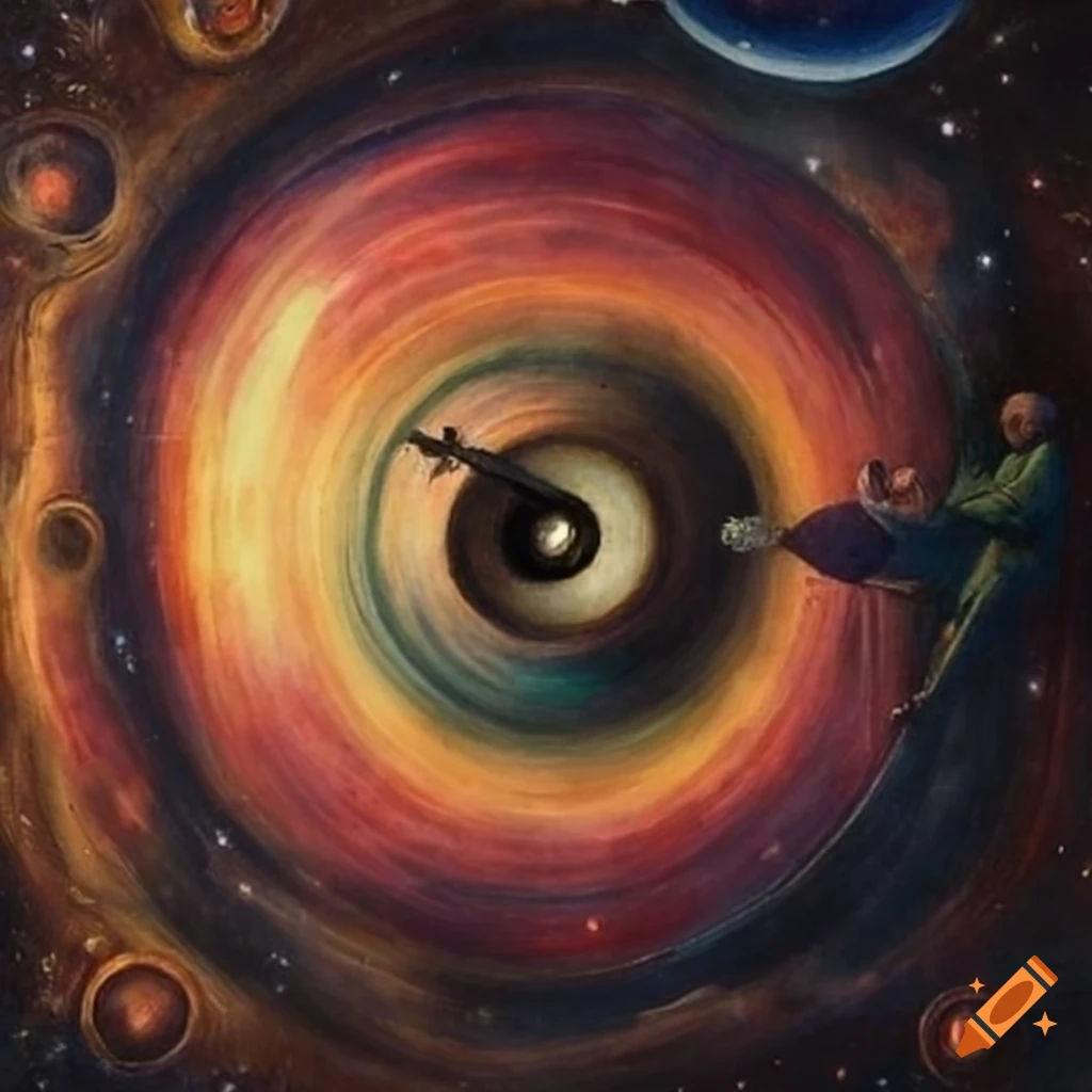 surreal painting of a small man operating levers inside a hollow planet