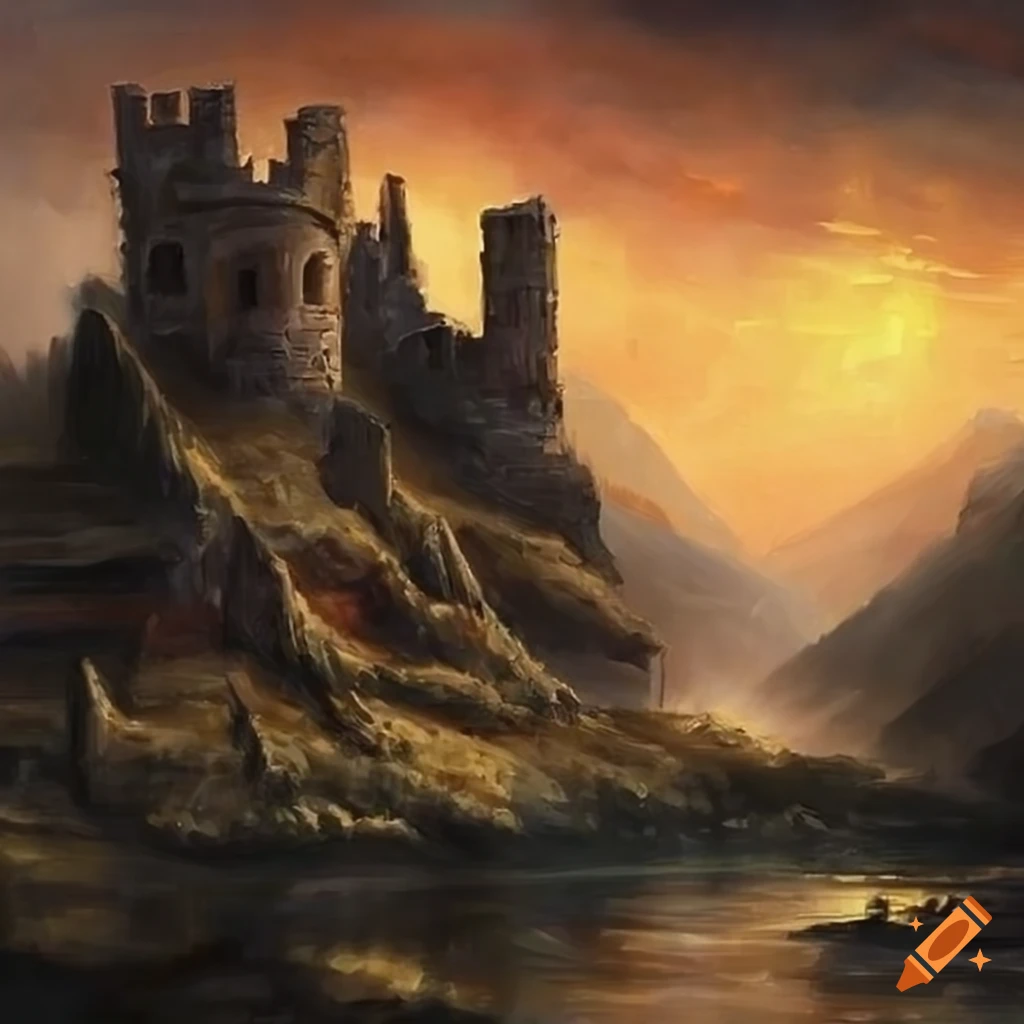 Oil painting of stone ruins of a castle on Craiyon
