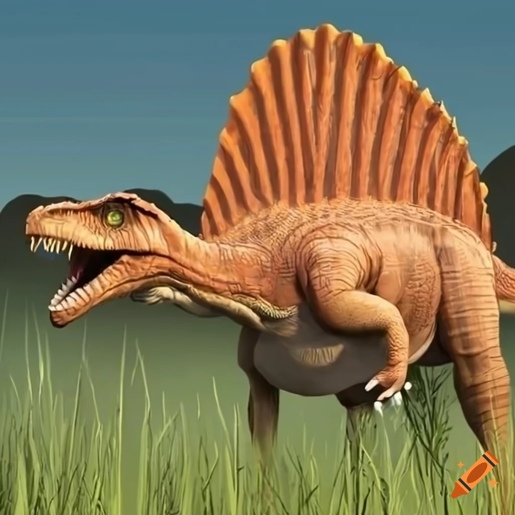 sunny grass with a large orange spinosaurus