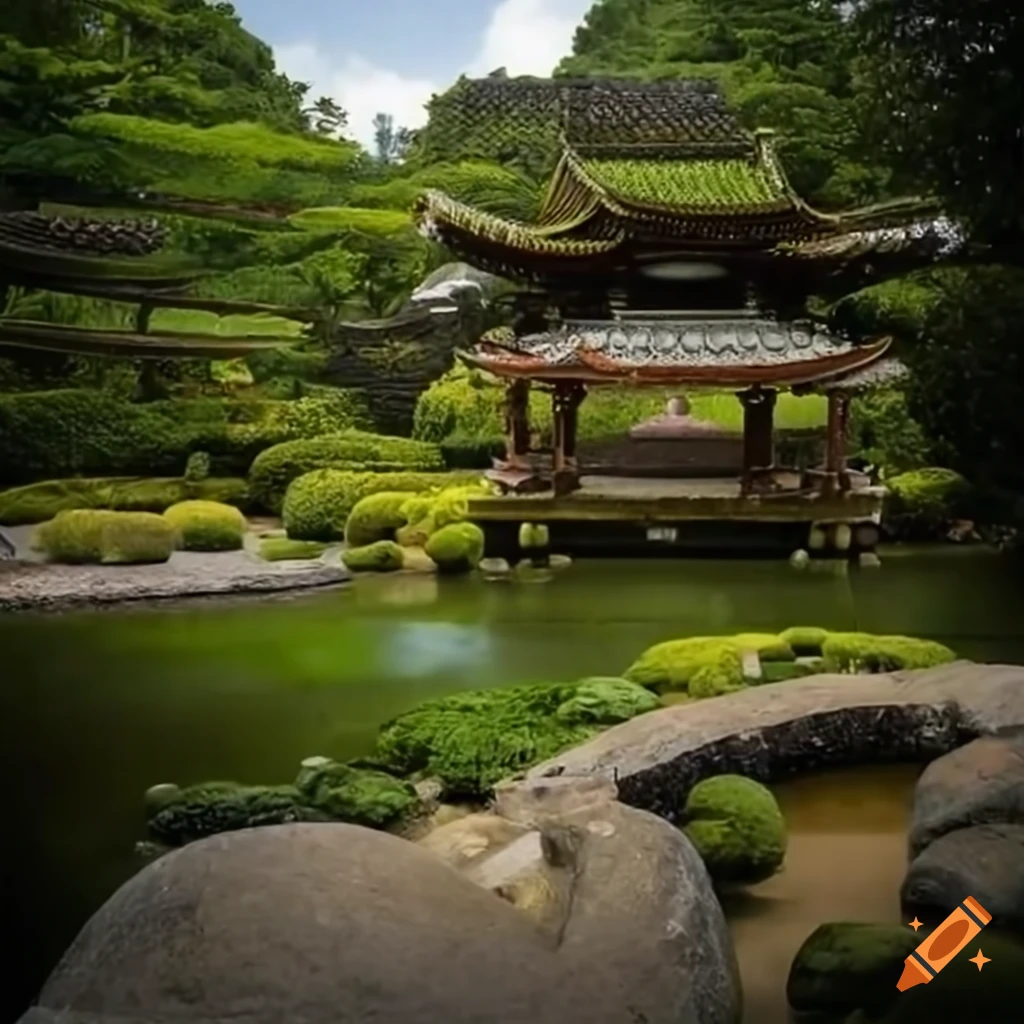 Japanese zen garden with flowers and buddha statues